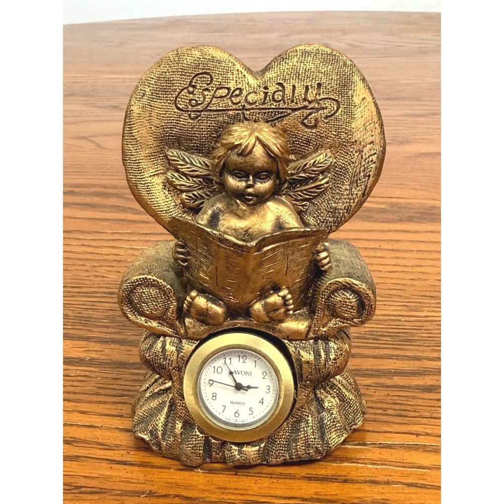 Avon Vintage Gold Cherub Angel Desk Clock Heart Figurine  Quartz